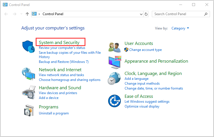 find system and security on control panel