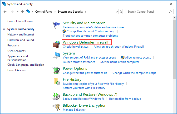 choose Windows Defender Firewall